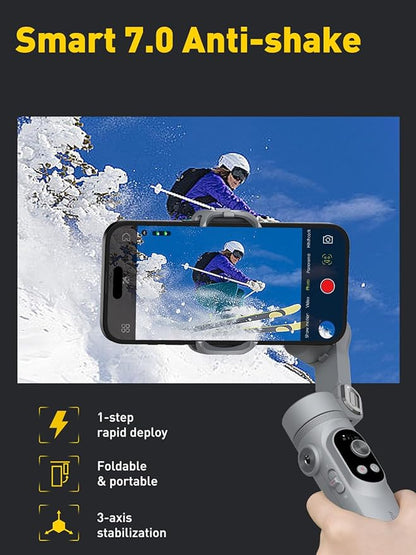 Gimbal Stabilizer for Smartphone with Face/Object Tracking for iPhone 15 14 Pro Max Android,3-Axis Foldable Phone Gimbal w/Built-in Light,1/4 Threads for TikTok YouTube Vlogging(Smart X Grey)