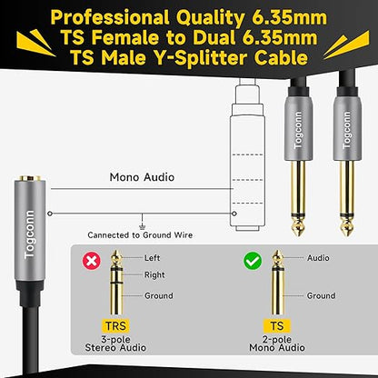 1/4 inch TS Mono Splitter Y Adapter, 6.35mm Mono Female to Dual 6.35 mm TS Mono Male Jack, Quarter inch Audio Speaker Splitter Converter Cable 1 Feet, Gold Plated Connectors
