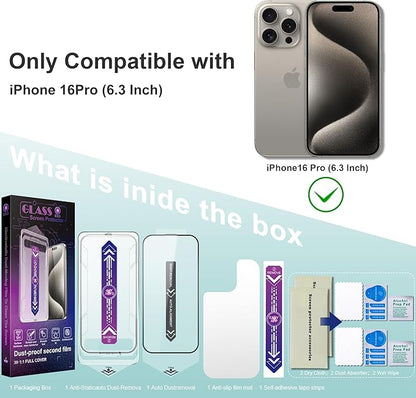 2 Pack Screen Protector Tempered Glass for iPhone 16 Pro 6.3-Inch Auto Dust Removal, No Bubbles, High Definition Clear, Easy Installation