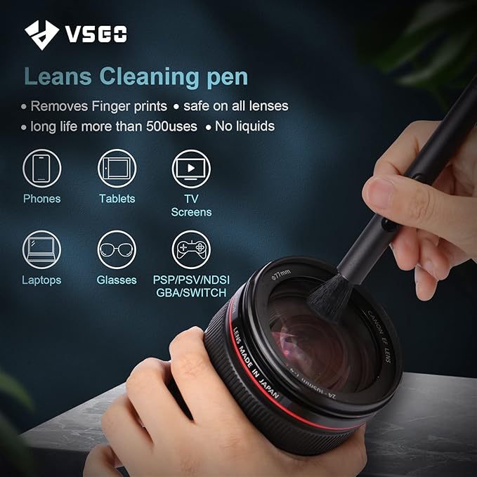 VSGO Professional Camera Cleaning Kit with Portable Bag Air Blower Lens Cleaning Pen Spray Cotton Swab Cloth Compatible for Canon, Nikon, Sony DSLR Cameras and Sensitive Electronics Bundle(VS-A3E)
