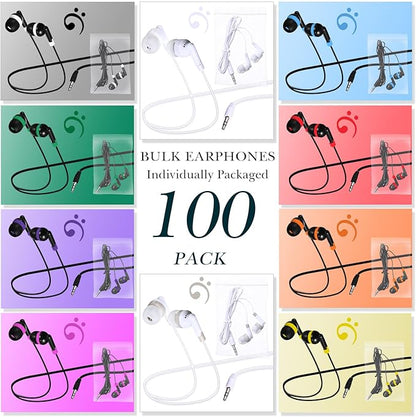 Kanayu 100 Pack Wired Earbuds Bulk for Classroom Ear Headphones Wired Basic Student Earbuds No Microphone with 3.5mm Jack for Kids Class Laptop School Library, Individually Bagged(Colorful)