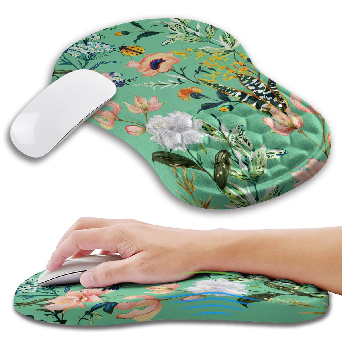 Kuosgm Ergonomic Mouse Pad Wrist Support with Memory Foam Massage Bulge, Carpal Tunnel Pain Relief Mousepad Wrist Rest for Mouse(12x8 inch, Pink Flowers)