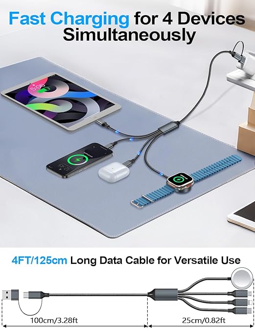 4-in-2 Charging Cable for Apple Watch Charger/Samsung/iPhone Charger,Car/Travel Essentials,Type C Cable Multi Cord for iWatch Ultra/10-2/iPhone 16-11/Samsung S25-S20,PlayStation 4,iPad,airPods-Black