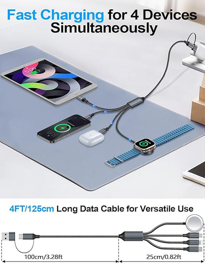 4-in-2 Charging Cable for Apple Watch Charger/Samsung/iPhone Charger,Car/Travel Essentials,Type C Cable Multi Cord for iWatch Ultra/10-2/iPhone 16-11/Samsung S25-S20,PlayStation 4,iPad,airPods-Black