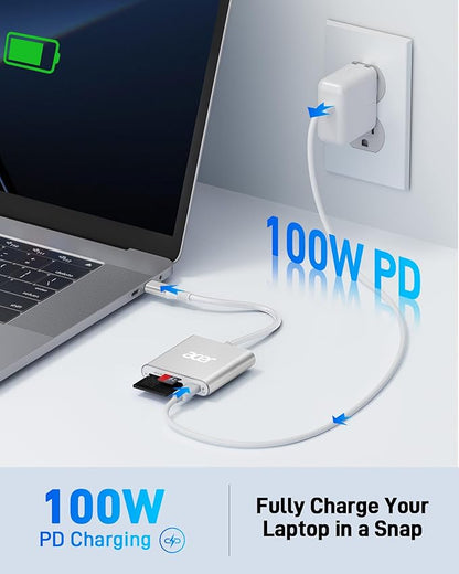 Acer SD 4.0 Card Reader, UHS-II Micro SD Reader USB C, Dual Slot Type C Memory Card Adapter with 100W PD Port for MicroSD SDXC SDHC UHS-II & UHS-I for iPhone 15/16, Laptop, MacBook(Silver)