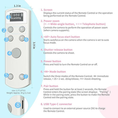 for Canon Rechargeable Wireless Remote Control - Camera Remote Shutter Release with Zoom Focus Compatible with Canon G7X Mark III/R50/R6 II/R10/R/RP/R5/R8/R100/M50/M200/M6 Mrak II/R5 II/6D II/SL3