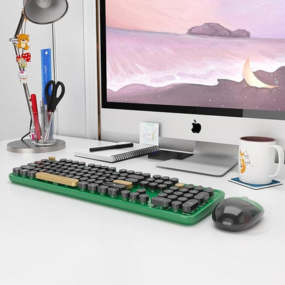 Wireless Keyboard,KOOTOP Cute Colorful 104 Keys Typewriter Retro Round Keycaps Keyboard for PC Laptop,Desktop,Windows, Home and Office Keyboards (Black Green)
