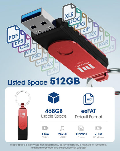 MOSDART 512GB USB C and A 3.2 150MB/s Dual Flash Drive with Keychain, Red