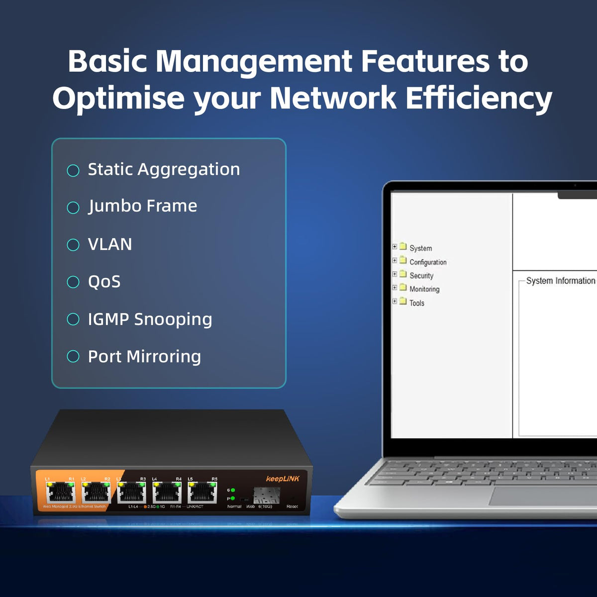 keepLiNK 6 Port 2.5G Web Smart Managed Ethernet Switch with 5 x 2.5G Base-T Ports, 1 x 10G SFP+, Static Aggregation, QoS/VLAN/IGMP, Metal Housing Fanless, Desktop/Wall-Mount