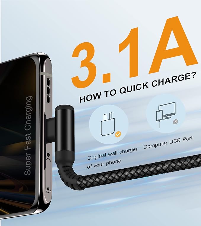 sweguard USB Type C Charger Cable Right Angle [2-Pack,10FT] iPhone 16 Charger Nylon Braided Cord for iPhone 15 16 Pro Max Samsung Galaxy S25 S24 S23 S22 S21 S20 S10 S9 Note A15 A55 Flip Pixel LG Moto