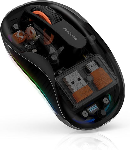 Bluetooth Wireless Mouse, Transparent RGB Tri-Modes Mouse,Bluetooth & 2.4GHz for Multi Device, USB-C Receiver Ideal for MacBook/Laptops, Rechargeable, Silent, Portable, Cool LED, Ergonomic - Black