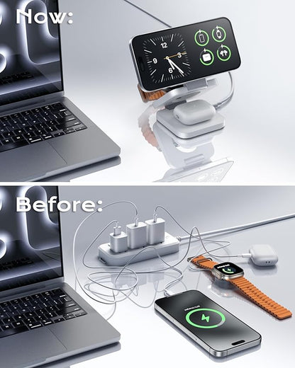 Qi2 Certified 3 in 1 Travel Charger MagSafe Compatible, Upgraded Foldable Wireless Charger Stand, Mag-Safe 3 in 1 Charging Station,15W Fast Charging for iPhone 17/16/15/14/13/12, Apple Watch, AirPods