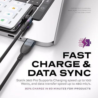 Statik 360 Pro Magnetic Charging Cable - Type C Charger Fast Charging 3 in 1 USB C to USB C Cable, Micro USB & iProduct Tips, USB A Adapter, Fits All Devices - 100W Fast Charger, Black 6FT/2M