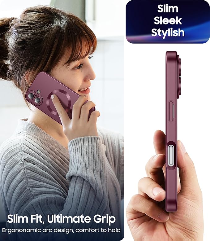 LEKEVO Magnetic for iPhone 16 Plus Case [Compatible with MagSafe][Built-in Camera Lens Protector] Slim Soft Silicone Bumper Shockproof Metallic Luster Phone Case (Burgundy)
