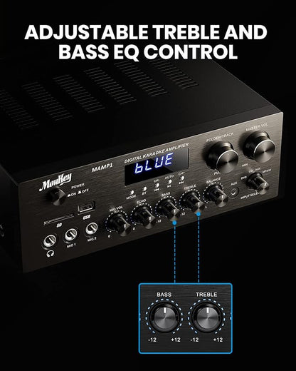 Moukey Stereo Receivers with Bluetooth 5.0, 400W 2.0 Channel Power Audio Amplifier Stereo System w/USB, SD, AUX, RCA, MIC in w/Echo, LED for Karaoke, Home Theater Speakers - MAMP1