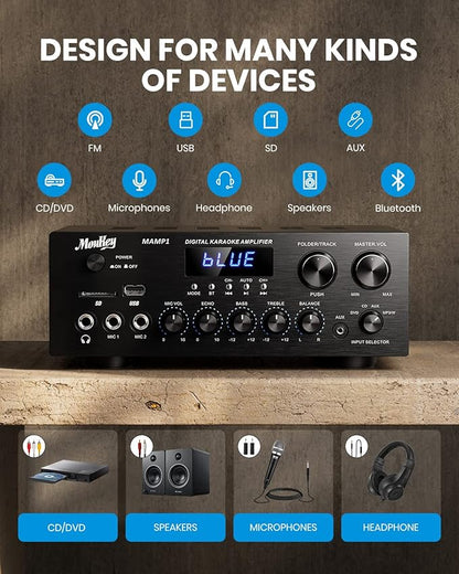 Moukey Stereo Receivers with Bluetooth 5.0, 400W 2.0 Channel Power Audio Amplifier Stereo System w/USB, SD, AUX, RCA, MIC in w/Echo, LED for Karaoke, Home Theater Speakers - MAMP1