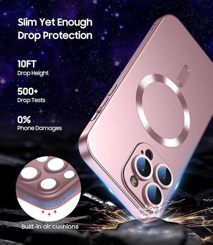 Magnetic for iPhone 16 Pro Max Case [Compatible with MagSafe][Built-in Camera Lens Protector] Slim Soft Silicone Bumper Shockproof Metallic Luster Phone Case (Rose Gold)