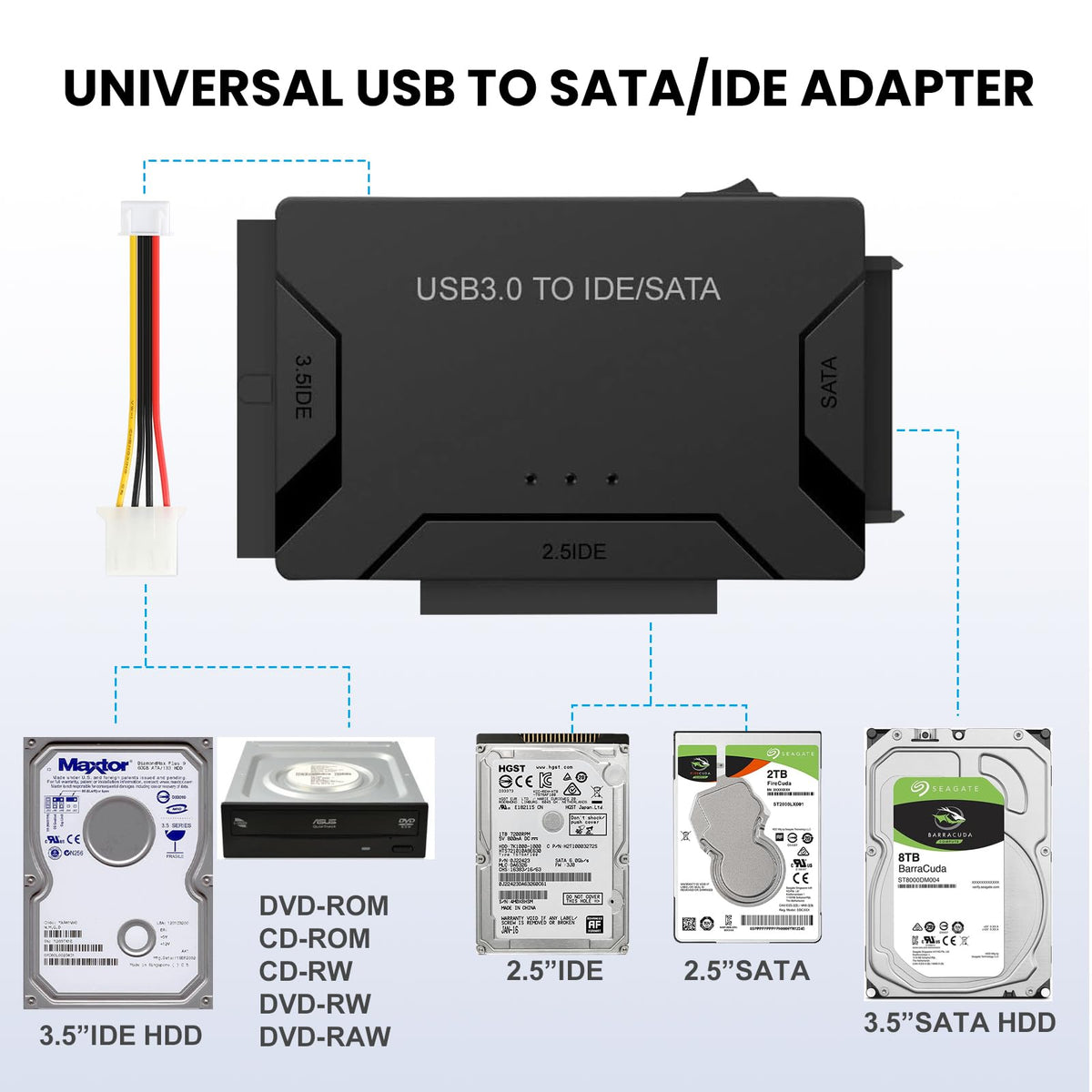 USB 3.0 to SATA IDE Adapter for 2.5" 3.5" SSD HDD Hard Drive Reader 5Gbps