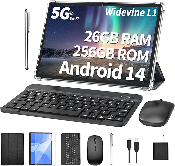 Android Tablet with Keyboard, 26GB RAM, 256GB ROM(1TB Expand), 10.1 inch Android 14 Tablet, 8000mAh Battery, BT 5.0, GMS Certified, 2.4G&5G WiFi, 2 in 1 Tablets with Mouse, Case, Stylus(Gray Case)