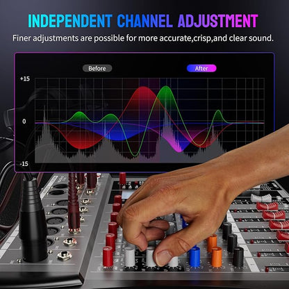 Professional DJ Audio Mixer - NEW BAXS 6 Channel DJ Bluetooth Controller Sound Mixer,USB Interface,6 XLR Mic/Line Input,AUX,FX Processor MP3 Player,+48V Phantom For Karaoke Studio Streaming Recording