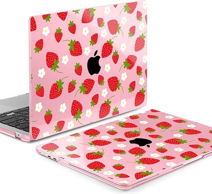 MEEgoodo for M4/M3/M2 MacBook Air 15.3 inch Case 2025 2024 2023, Case Fit Model (A3241/A3114/A2941) for MacBook Air 15 inch, Laptop Hard Shell with Keyboard Cover, Strawberries & Flowers