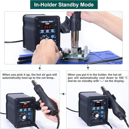 YIHUA 959D-Digital Hot Air Rework Station, High Power with 3 Memories, Airflow Efficiency, °F /°C Display, Accurate Temp.(212°F~932°F), Brushed Aluminum Panel & Safety Features