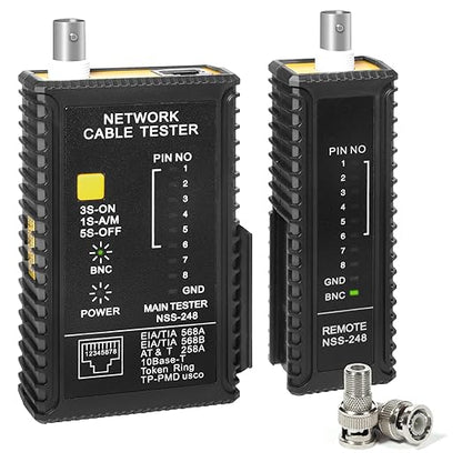 Dual-Function Coaxial & RJ45 Network Cable Tester with 2-Pack BNC Male to F Female Adapters, CAT5/CAT6/Coax Continuity Checker (Battery Not Included)