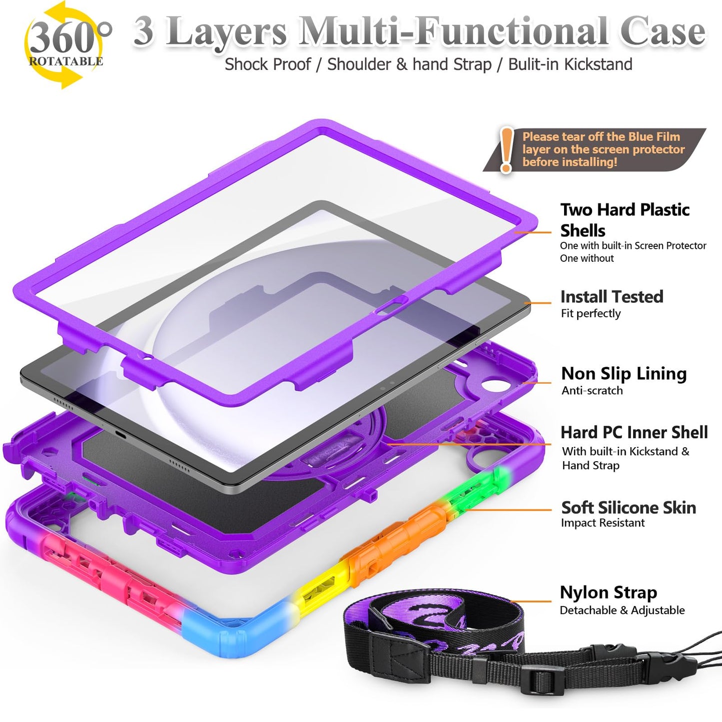 SEYMAC stock Case for Samsung Galaxy Tab A11+ Plus/A9+ Plus 11'', Full-Body Drop Protection Case with Screen Protector Pencil Holder [360° Rotating Hand Strap] &Stand, Purple+Colorful