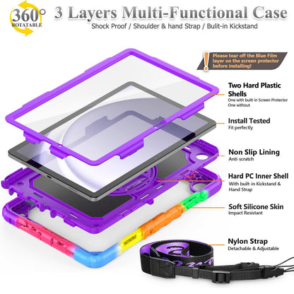 SEYMAC stock Case for Samsung Galaxy Tab A11+ Plus/A9+ Plus 11'', Full-Body Drop Protection Case with Screen Protector Pencil Holder [360° Rotating Hand Strap] &Stand, Purple+Colorful