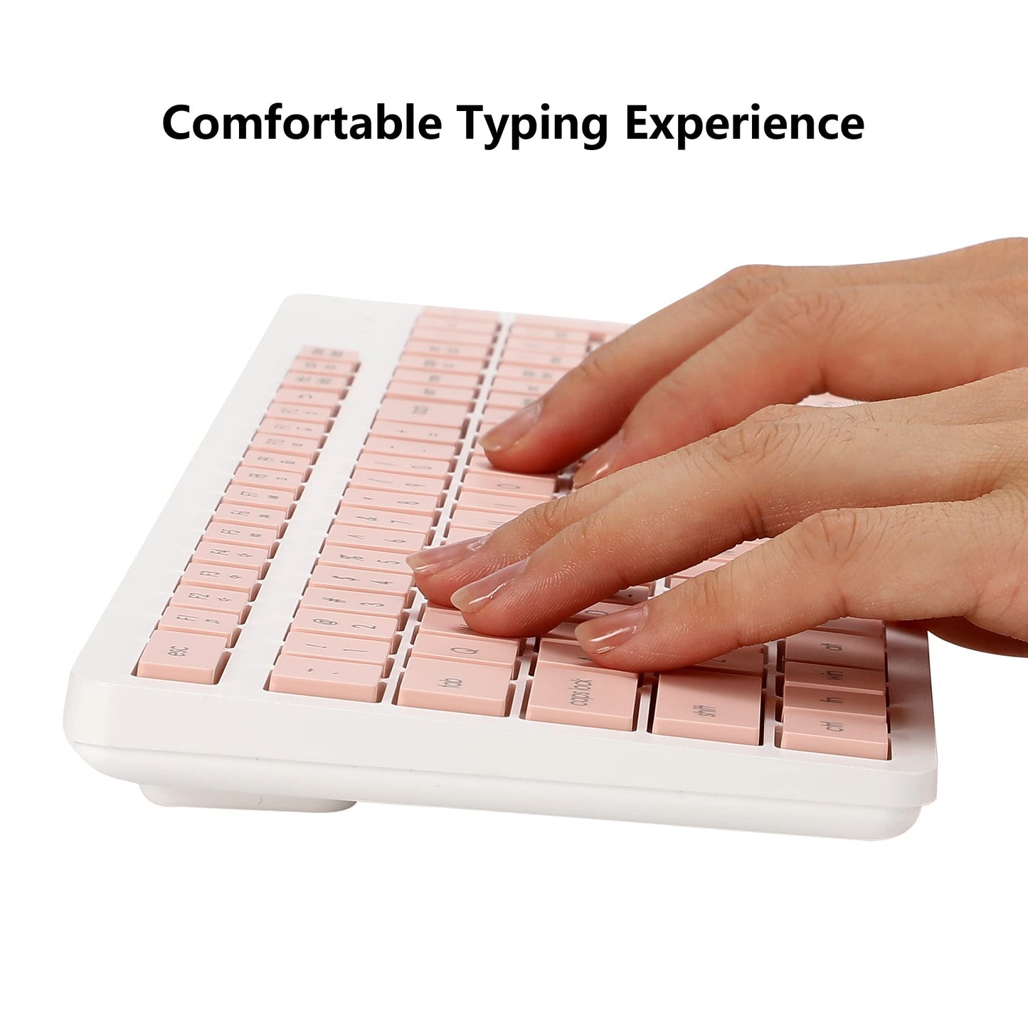 Wireless Keyboard and Mouse Combo, 2.4G Silent Cordless Keyboard Mouse Combo for Windows Chrome Laptop Computer PC Desktop, 106 Keys Full Size with Number Pad, 1600 DPI Optical Mouse (Pink)