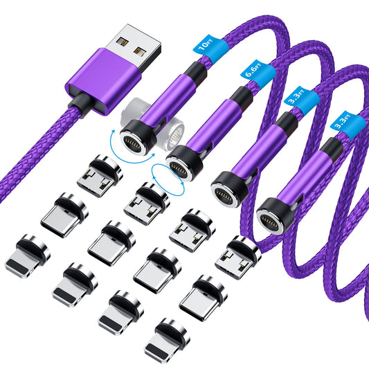 Ankndo 5-in-1 Magnetic Charging Cable, 540° Rotation Magnetic Phone Charger [4-Pack, 3ft/3ft/6ft/10ft] USB A/Type C Fast Charging Charger Cable for iproduct/Micro USB/USB C Devices-Purple