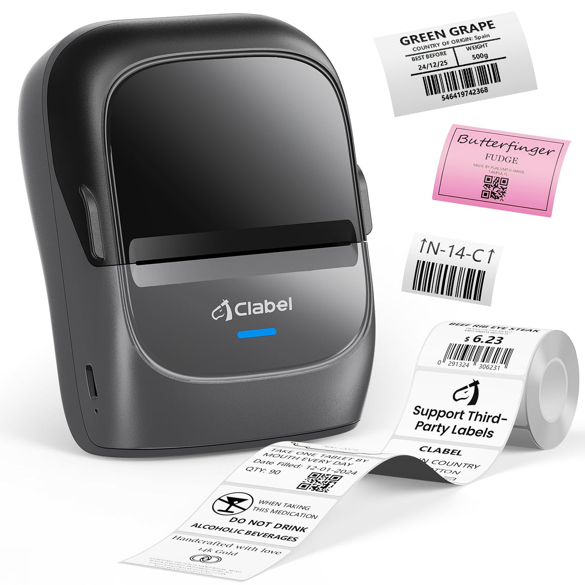 CLABEL 221B 2" Bluetooth Thermal Label Printer with 1 Label Roll, Black