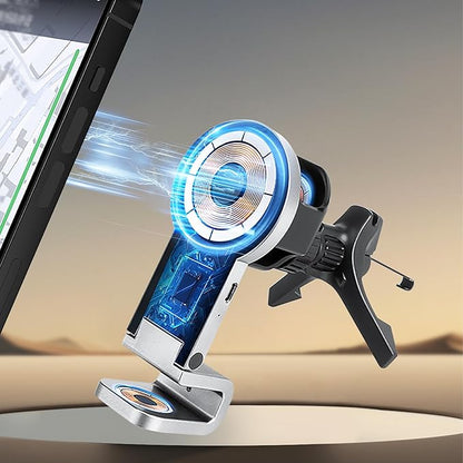 3 in 1 Wireless Car Charger, 15W Fast Charging Phone Holder Foldable Magnetic Mount Fit for All iPhone Android Phone, iWatch, Airpods Wireless Earphone