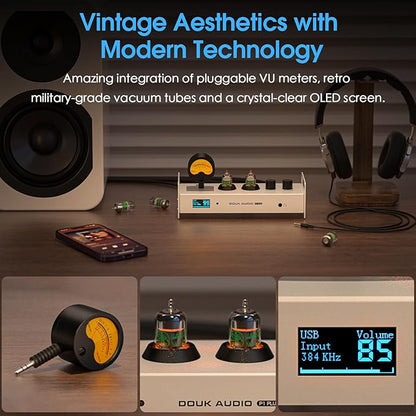 Douk Audio 2 Channel Bluetooth Vacuum Tube Preamp, Hi-Fi Headphone Amp, USB DAC PC Sound Card, Wireless Receiver Audio Preamplifier with VU Meter, Optical, Coaxial, APTX, LDAC, DSD256, Remote Control
