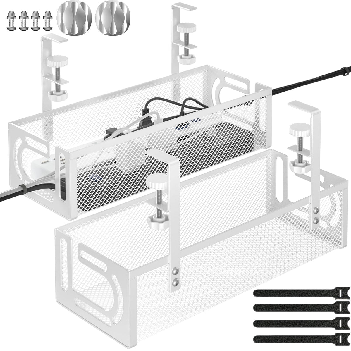Under Desk Cable Management Tray, 15.7'' No Drill Steel Desk Cable Organizers, Wire Management Tray Cable Management Rack (1 Pack-White)