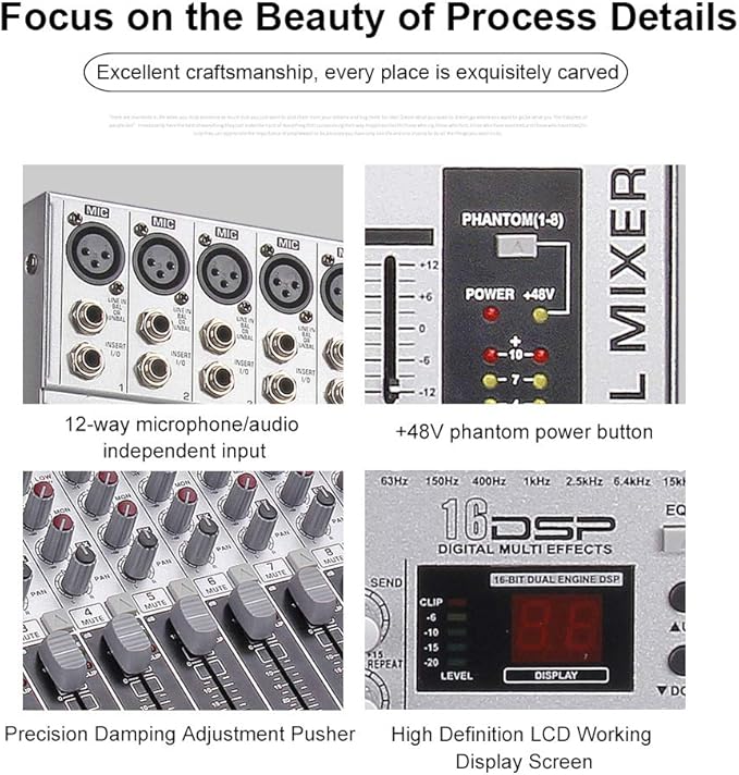 G-MARK GMX1200 DJ Mixer 12 Channel Professional Audio Mixer USB Mixing Console Music Studio 8 Mono 4 Stereo 7 Band EQ 16 Effect Podcast Streaming Audio Interface