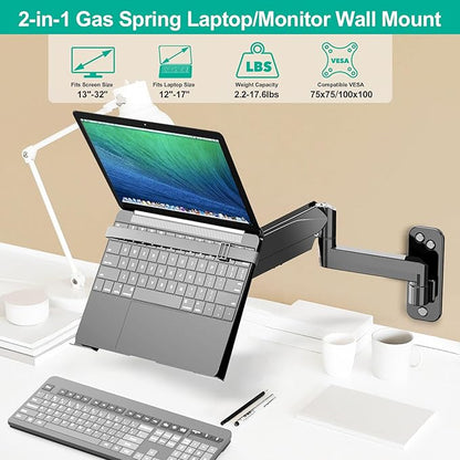 Laptop Wall Mount, 2-in-1 Gas Spring Wall Holder with Vented Tray for 12"-17" Notebook/13-32 Computer Screen, Full Motion Adjustable Wall Mount Laptop Stand Holds 3.3-17.6lbs
