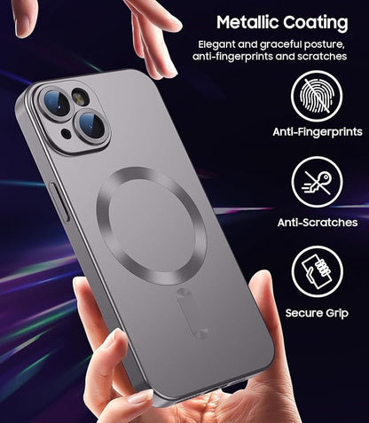 Magnetic for iPhone 14 Case [Compatible with MagSafe][Built-in Camera Lens Protector] Slim Soft Silicone Bumper Shockproof Metallic Luster Phone Case (Gray)