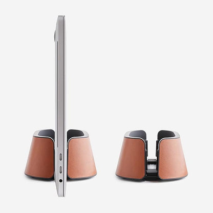 HumanCentric Vertical Laptop Stand in Vegan Cognac Leather, Upright Adjustable Holder and Dock, Laptop Vertical Stand Fits MacBook Pro and Other Laptops .5" to 1.5", Clamshell Compatible