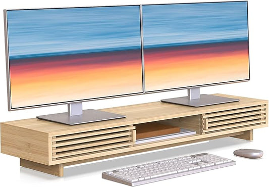 WELL WENG Dual Monitor Stand Riser with Sliding Door, Double Computer Laptop Stand Desk Shelf Organizer with Storage for 2 Monitors (Natural Bamboo, 38 Inch)