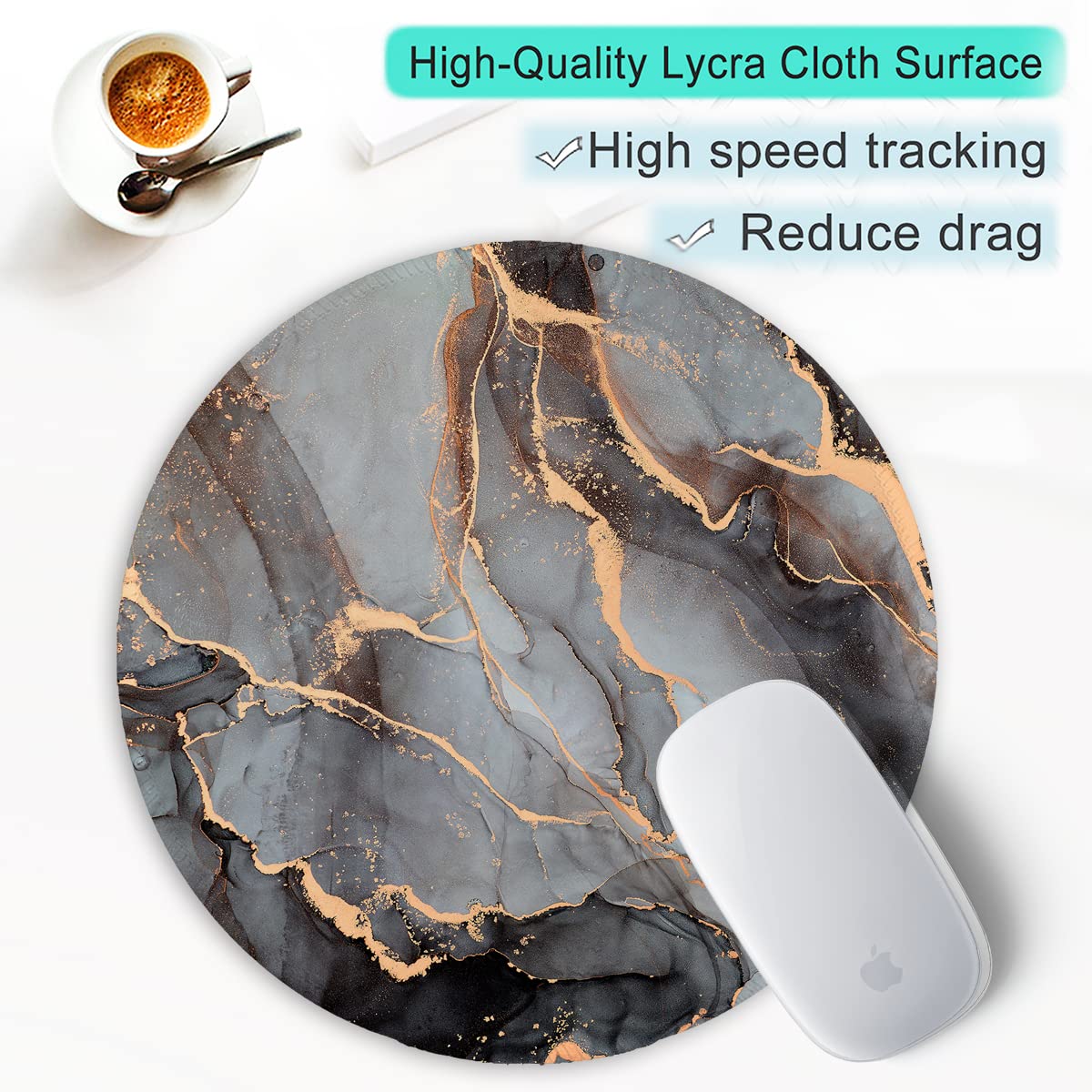 ITNRSIIET Round Mouse Pad with Stitched Edge Premium-Textured Waterproof Non-Slip Rubber Base Desktop Protection Mat Diameter 8.7 inches, Black Grey Marble