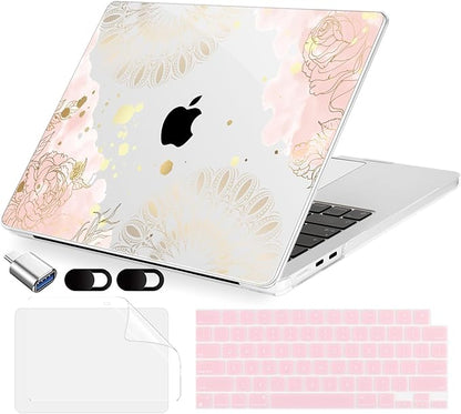 Compatible with MacBook Air 15 inch Case, M4 A3241/M3 A3114/M2 A2941 (Released 2025 to 2023), Hard Shell, Keyboard Cover, Screen Protector, Webcam Cover & Type-C Adapter, Vector Flower2