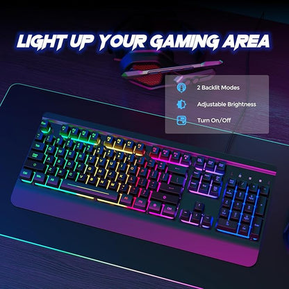 RisoPhy Gaming Keyboard, 104 Keys All-Metal Panel, Rainbow LED Backlit Silent Computer Keyboard, Wrist Rest, Multimedia Keys, Anti-Ghosting, Waterproof Light Up Wired Keyboard for PC Mac Gamer