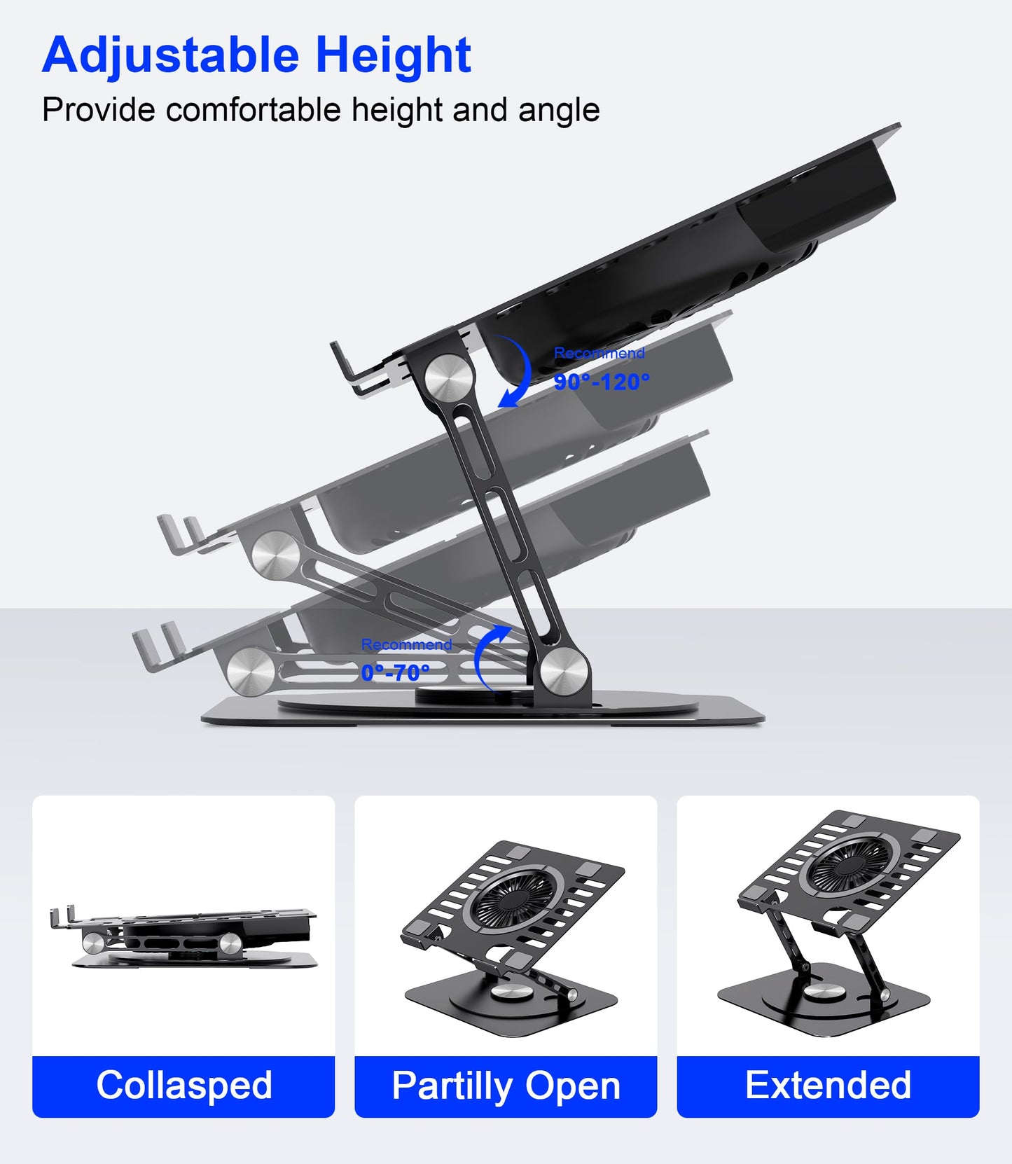 YTech Laptop Stand,with 360°Rotating Base,External Cooling Fan,Adjustable RGB Lighting,Ergonomic Foldable Notebook Computer Holder.Compatible with All 10-17" Laptops Tablets,Black, E0B22-01