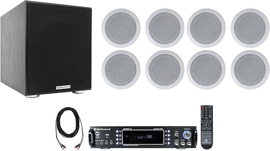 Rockville HC55-16 White Bundle: (8) 5.25 in 300-Watt in-Ceiling Speakers, Rock Shaker 8 400-Watt Powered Subwoofer, RPA60BT V2 1000-Watt 2-Ch Karaoke Amplifier Mixer, RCDR25B Dual RCA Cable, 11-Items