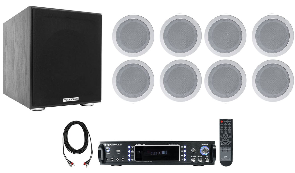 Rockville RPA60BT V2 Receiver with 8 Ceiling Speakers and 8" Subwoofer