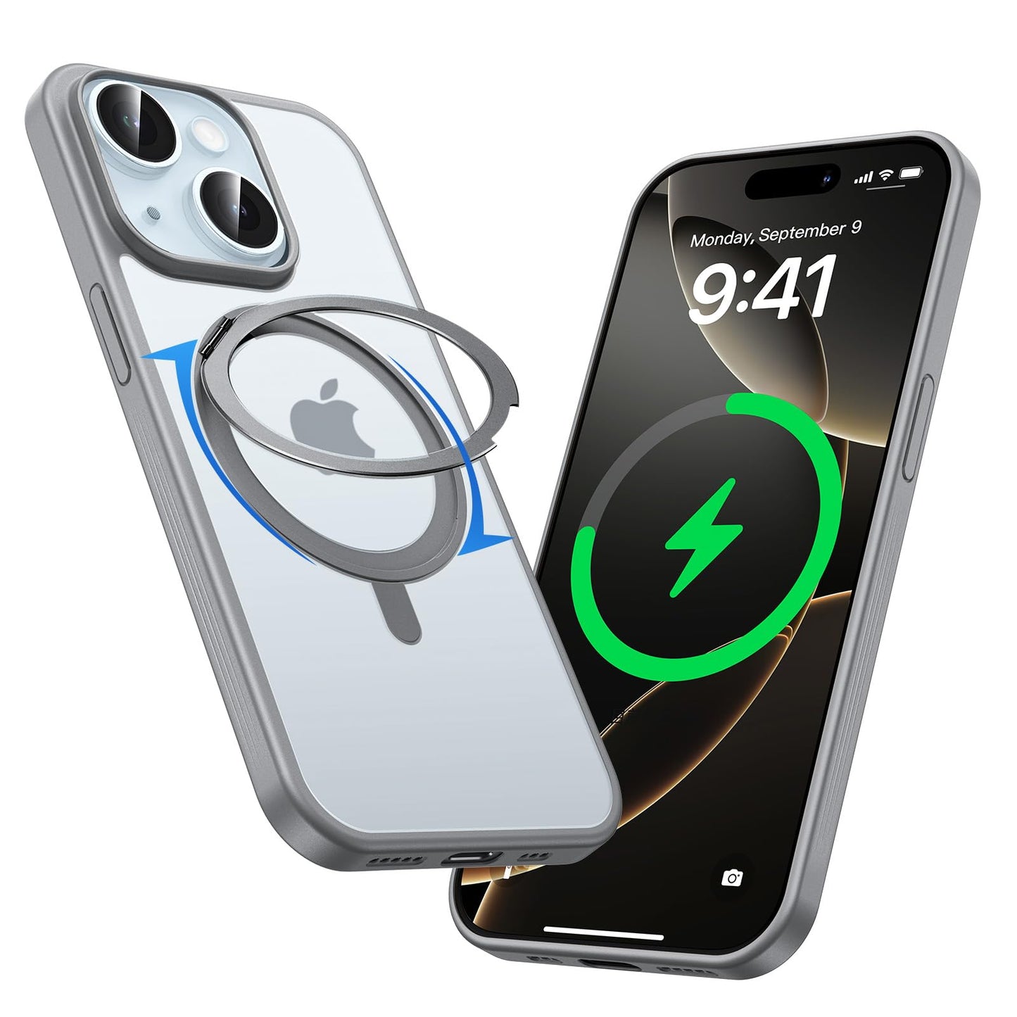 MAGIC JOHN 360° Rotatable Magnetic Invisible Stand for iPhone 15 Case [Anti-Slip Grip] [Compatible with MagSafe] 16FT Shockproof for iPhone 15 Case with Kickstand, Black