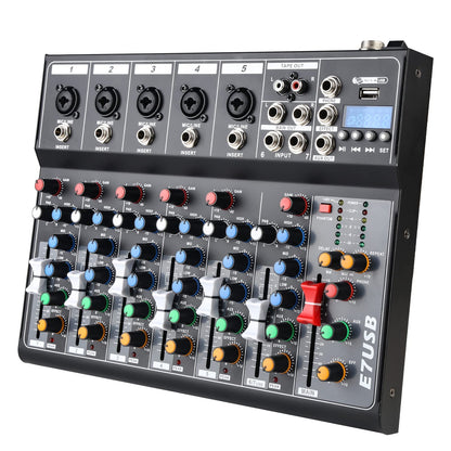 Dj Mixers 7 Channel Audio Mixer Sound Board with Bluetooth, Usb Audio Interface with 48V Phantom Power Sounds Mixer Board with FX Reverb Delay Effect for Streaming