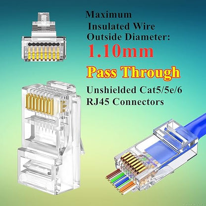 100-PACK Cat5 Cat5e Cat6 RJ45 Pass Through Connectors Ends, 1.1mm Unshielded Connectors for Solid Wire and Standard Cable
