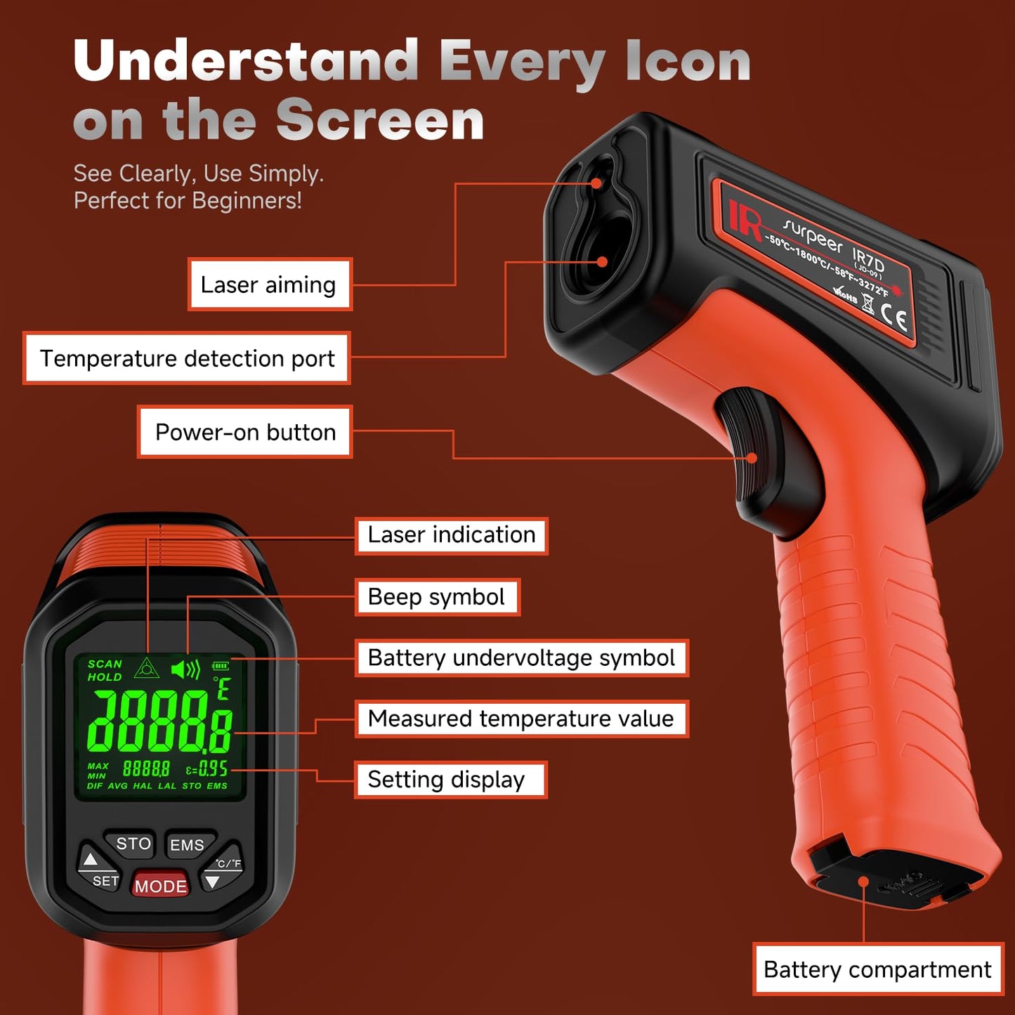 Surpeer Infrared Thermometer Temperature Gun, 3272°F, 50:1